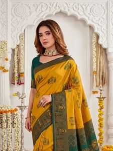 Sari Tradicional Indio de Seda para Mujer, Amarillo y Verde Estampado, para Bodas, Largo hasta el Suelo, Corte Regular, Sin Arrugas, para Adultos - Product Image 2