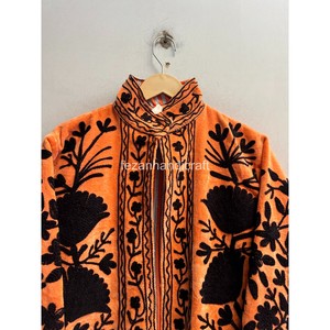 <b>Women</b> Orange Suzani <b>Velvet</b> Jacket Handmade Floral Embroidery Jacket Inside Cotton Lining Jacket For Winter <b>Velvet</b> Jacket - Product Image 4