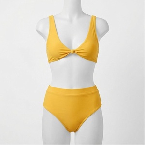 Women Yellow Solid Color Twist Front <b>Bikini</b> <b>Set</b> High Waist Bottom Deep V Neck Spandex Polyester Two Piece Swimwear - Product Image 1