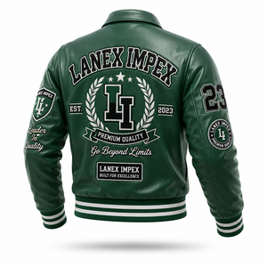 Custom Green <b>Leather</b> Varsity <b>Jacket</b> for <b>Men</b> Embroidered Letterman Bomber <b>Jacket</b> with Chenille Patches OEM ODM Bulk Manufacturer - Product Image 3