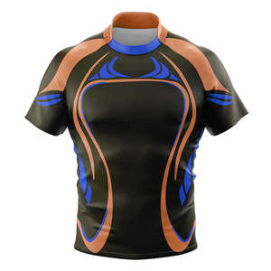 Maillot de rugby personnalisé pour homme, bleu, en polyester/coton sublimé, col montant, manches courtes, motif géométrique, anti-humidité - Product Image 2