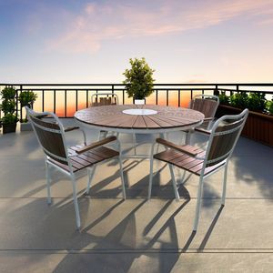 Mesa de comedor moderna redonda de madera de acacia de 5 piezas para exteriores y 4 sillas con marco de acero, elegante para hoteles y salas de estar - Product Image 1