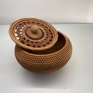 New Design Hot Trend Natural Rattan Round <b>Basket</b> <b>with</b> Unique Patterned Woven <b>Lid</b> Vietnam Bohemian Style Eco-Friendly - Product Image 3