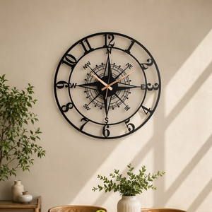 <b>Vintage</b> style compass rose metal wall <b>clock</b> featuring bold roman numerals, available at wholesale prices. - Product Image 1