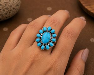 Top Selling Handmade 925 Sterling Silver Plated Blue Turquoise Floral Cluster <b>Statement</b> <b>Ring</b> Boho Vintage Opaque Gemstone - Product Image 2