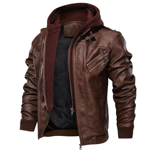 Men's Brown PU Leather Windproof Stand Collar Hooded Biker Jacket Zipper Closure Slim Fit Autumn Casual Coat Front Polyester - Product Image 1