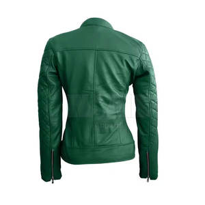 Blouson moto en cuir PU vert pour femme, col montant, manches longues, matelassé, fermeture éclair, idéal pour l'automne - Product Image 2