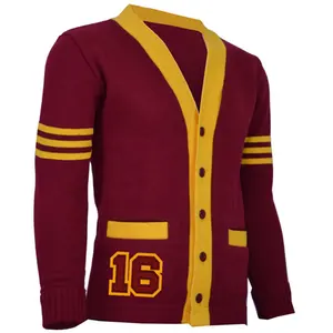 Custom Vintage College Letterman Cardigan Knitted Sweater Open-Front Embroidered Patch