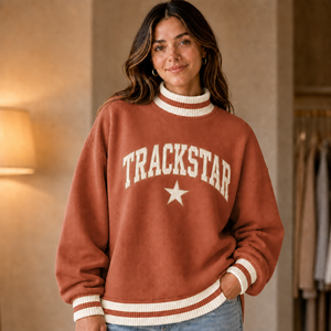 Rust Cream Center Band Trackstar Women's Mock Neck Sweatshirt Ivory Letter <b>Star</b> Custom Logo Private Label Wholesale Pullover - Product Image 1