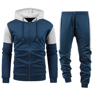 Men's Navy Blue Color Block Hooded Zip-Up Tracksuit <b>Set</b> Casual Full Sleeve Sweatshirt <b>Matching</b> <b>Jogger</b> Pants Sweatpants - Product Image 1