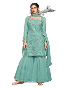 女性印度长棉阿纳卡利手工缝制印度传统库尔蒂礼服，配有杜帕塔套装，在线销售2022印度