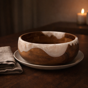 Bol à salade rond artisanal en bois d'acacia avec résine époxy beige-blanc, marron naturel, pour service, fête et décoration intérieure - Product Image 2