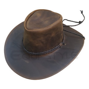 Genuine Cowhide Western Leather <b>Hat</b> <b>Crazy</b> Horse Brown Double Cord Band Adjustable Chin Cord Cowboy Style Headwear - Product Image 1