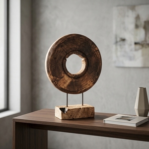 Lollypop Stand Handcrafted <b>Wooden</b> Ring Sculpture <b>Rustic</b> Tabletop Decorative Artwork Metal Stand Home Decor Display Accent Object - Product Image 2