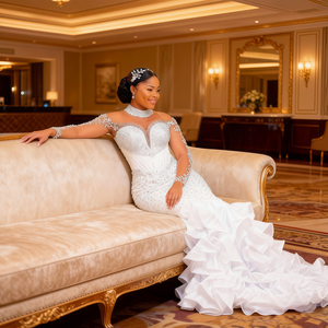 ชุดแต่งงานผู้หญิงดีไซน์ใหม่ สีขาว ผ้าลูกไม้ ยาวลากพื้น ไซส์พลัส แบบไม่มีแขน ทรงเมอร์เมด ผูกเชือกด้านหลัง ปรับแต่งได้ ประดับมุก หรูหรา - Product Image 4