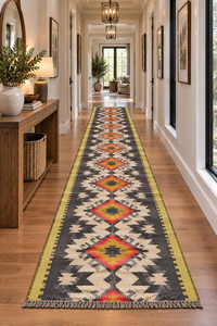 Southwestern Charcoal Cream Mustard Red Wool Jute <b>Runner</b> <b>Rug</b> Handwoven Geometric Kilim Boho Farmhouse Hallway Long <b>Runner</b> - Product Image 4