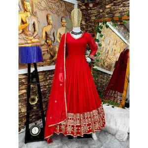 DISEÑADOR GEORGETTE BORDADO BOREDR BATA DE TRABAJO FONDO CON DUPATTA ROJO - Product Image 5