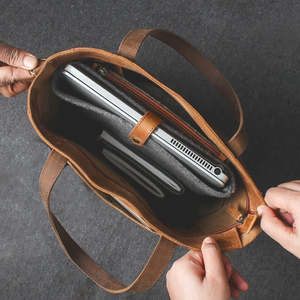 Sac fourre-tout vintage en cuir marron, sac à main rétro à bandoulière, fermeture éclair, grande capacité pour les voyages et le shopping - Product Image 3