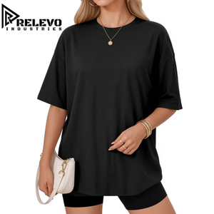 Camiseta de Mujer de Alta Calidad, Cuello Redondo, Manga Corta, Negra, Talla Grande, Informal, Tejido Jersey, Color Sólido, Algodón Tejido - Product Image 2
