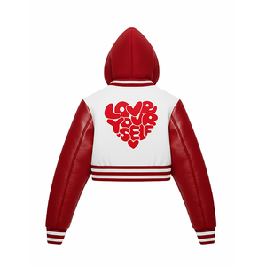 Chaqueta Corta Estilo Universitaria para Mujer, Modelo "Heart Lovers Club", Roja y Blanca con Capucha, Estilo Bomber para Ropa Urbana Y2K - Product Image 4