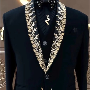 Men’s Black Embroidered Tuxedo <b>Blazer</b> – Designer Wedding Suit with Gold Floral Embroidery & Shawl Lapel - Product Image 1