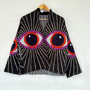 Veste en velours brodée motif œil, col mandarin, manches lanternes, manteau d'automne pour femme, design géométrique, travail artisanal - Product Image 1