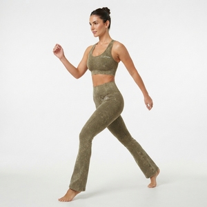 <b>Women</b> Olive Green Acid Wash Yoga Set Sports Bra High Waist <b>Flare</b> <b>Leggings</b> Gym Fitness Workout Activewear - Product Image 3