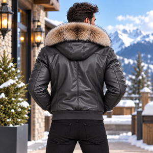Men's Leather Fox <b>Fur</b> <b>Hood</b> Winter <b>Jacket</b> , Giacca Pelle Uomo | Chaqueta De Cuero | Veste Cuir Homme | Lederjacke Herren - Product Image 4
