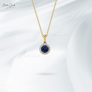 Trendy Products Natural 4mm Round Brilliant Cut Blue Sapphire Diamond Halo <b>Pendant</b> in 14k <b>Solid</b> <b>Gold</b> Custom <b>Pendant</b> Necklace - Product Image 5