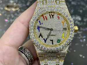 Montre Audemars de Luxe Personnalisée de Haute Qualité 46mm Or Arabe VVS Diamant Complet pour Mouvement Mécanique Moissanite Acier Inoxydable 20mm - Product Image 1