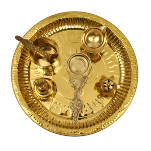 Ensemble de thali en laiton avec motif Om, cloche, support pour Kumkum, support pour Agarbatti et cuillère pour les rituels - Product Image 3