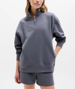OEM Custom Logo 1/4 <b>Zip</b> Collar Women's Sweatshirt and Short Set Pullover Oversized for Autumn Winter 320 GSM Fleece Cotton/Poly - Product Image 1