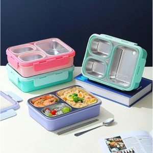 Lonchera de acero inoxidable de 3 compartimentos, contenedor de alimentos rectangular portátil, lonchera de acero inoxidable, caja de almacenamiento, lonchera para oficina - Product Image 4