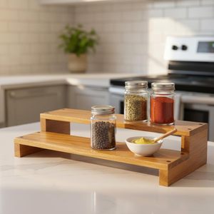 Étagère à épices en bois pour la cuisine, organisateur à 2 niveaux, étagère de rangement en bois rustique pour comptoir, pour les pots à épices, les bouteilles de masala - Product Image 2