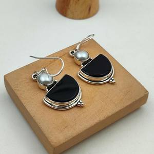 Black Onyx And Pearl <b>Dangle</b> <b>Earrings</b> Sterling <b>Silver</b> Boho Handmade Black And White Gemstone Elegant Jewelry Gift - Product Image 2
