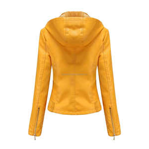 แจ็คเก็ตผู้หญิงหนังสีเหลืองมีฮู้ดพร้อมกระเป๋าซับในเชอร์ปามีซิปสำหรับฤดูหนาวความสะดวกสบายและสไตล์ - Product Image 2