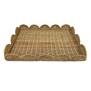 Magnifique plateau rectangulaire en rotin tressé à bord festonné, fabriqué en matériaux naturels, pour la présentation des aliments en cuisine, la décoration et le rangement. - Product Image 1