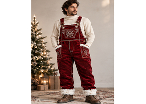 <b>Christmas</b> Velvet Overalls for Adults Burgundy Snowflake Embroidered Bib <b>Pants</b> with Faux Fur Trim Winter Holiday Outfit - Product Image 3