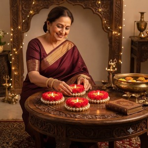 Lanterne Diya Classique Rouge Indienne en Laiton avec Fleurs, Porte-Bougie Traditionnel pour Bougies Chauffe-Plat, Décoration de Table Perlée pour Mariage et Anniversaire - Product Image 5