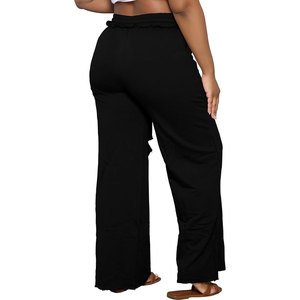 Pantalon droit taille mi-haute pour femme, couleur unie, élastique, longueur cheville, en coton, décontracté, respirant, pour l'été, avec poches. - Product Image 3