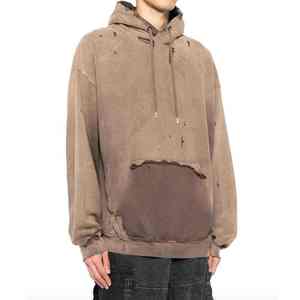 Sweat-shirt à capuche vintage personnalisé pour homme, marron délavé, effet soleil, épais, déchiré, bords bruts, avec poche - Product Image 4