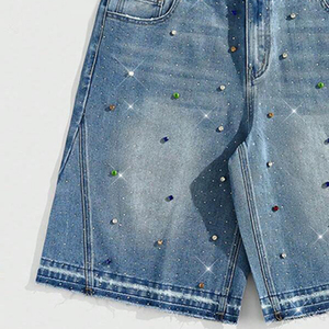 Men's High Waist Denim Bermuda <b>Shorts</b> With <b>Sequined</b> Dot Pattern Button Fly Casual Style Stonewashed Woven Cotton - Product Image 3
