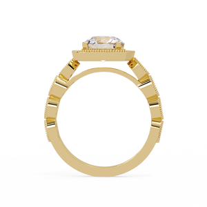 Cushion Halo Frame Round Cut Lab Diamond IGI Certified Diamond Dual Band Design 14K Pure Gold Milgrain Beaded Engagement Rings - Product Image 2