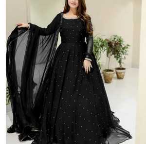 black maxi dress pakistani wedding Black Embroidered Kashmiri Style Pakistani Wedding Dress LARGE main image 1