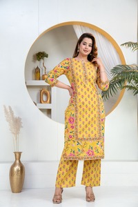 Conjunto Étnico de Algodón Amarillo para Mujer, Estampado Digital Tradicional, Secado Rápido, Largo hasta la Rodilla, Corte Regular, Ropa Casual para Múltiples Ocasiones - Product Image 6