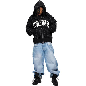 Chaqueta Cortavientos con Capucha para Hombre, Talla Grande, Negra con Estampado de Puntos, Cierre de Cremallera Frontal, Logotipo con Letras, Cuello Alto, Ropa Exterior de Poliéster - Product Image 1