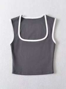 Woman Fashion Slim Solid Contrust Camis Casual Sleeveless <b>Tanks</b> <b>Square</b> Collar Crop <b>Tops</b> Clothing Streetwear - Product Image 4