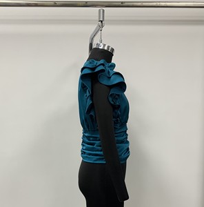 Top de Tirantes con Cuello en V de Satén Color Verde Azulado para Mujer, con Volantes y Cintura Fruncida, Estilo Elegante - Product Image 3