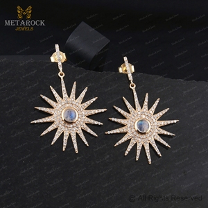 Genuine Pave <b>Diamond</b> Solid 14k Yellow Gold Rinbow Moonstone Designer <b>Dangle</b> Star <b>Earrings</b> Fine Jewelry Wholesale - Product Image 5