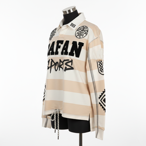 Camiseta de Rugby para Mujer, 280 GSM, Algodón, Color Beige Crema, con Paneles a Rayas, Estampado, Bordado, Logotipo Personalizado - Product Image 4